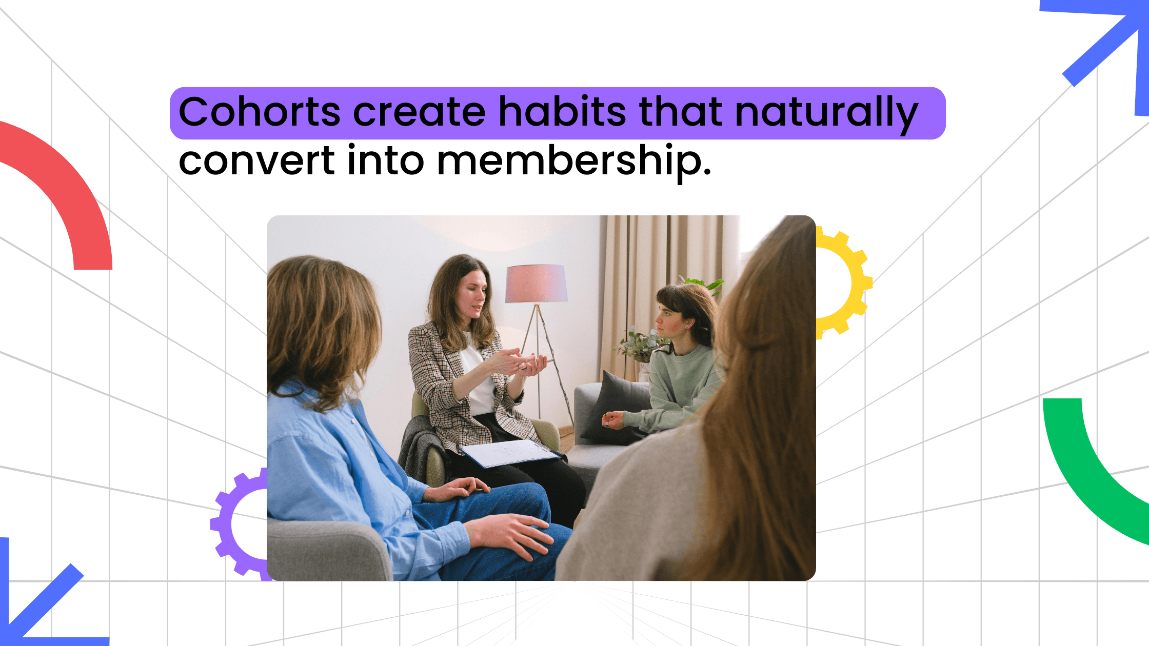 Small group seated in a circle as a woman speaks and gestures during a group discussion.
