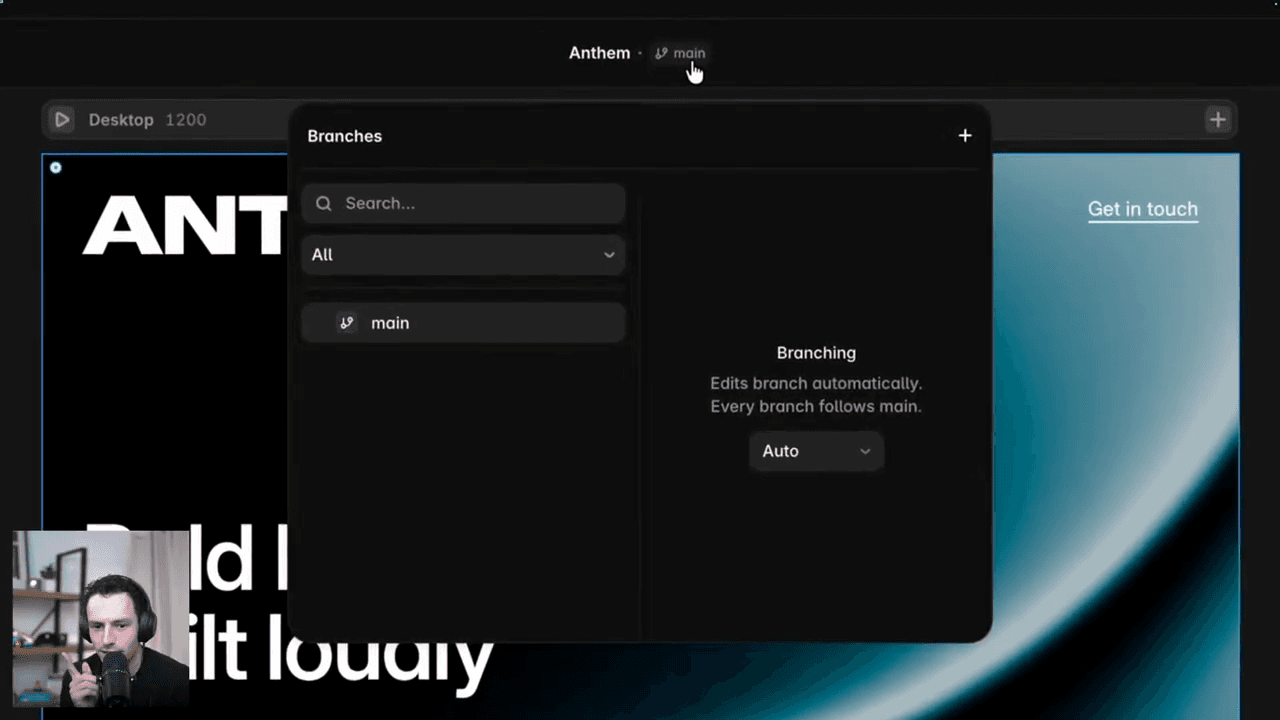Screenshot showing Framer branching and version control workflow