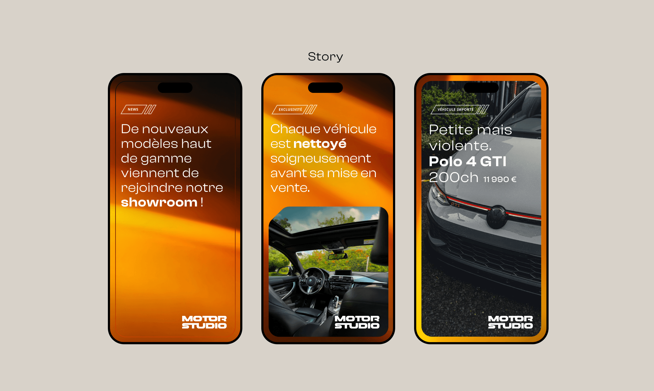 Stories Instagram pour Motor Studio présentant des véhicules haut de gamme, un showroom et une Polo GTI.
