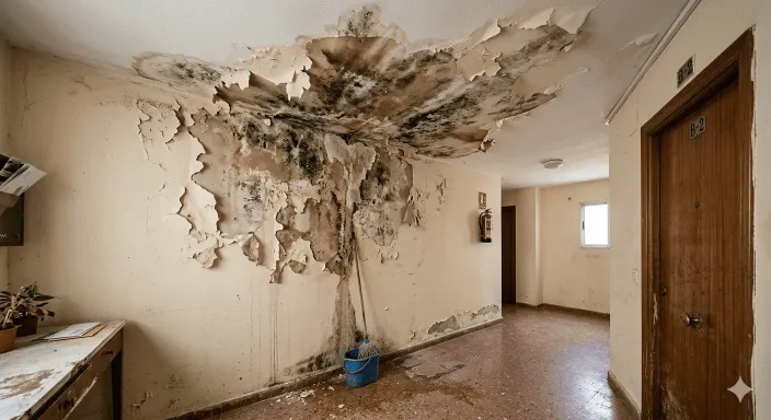 Humedad severa por filtración de agua de una tubería comunitaria, un siniestro habitual en las comunidades de propietarios.