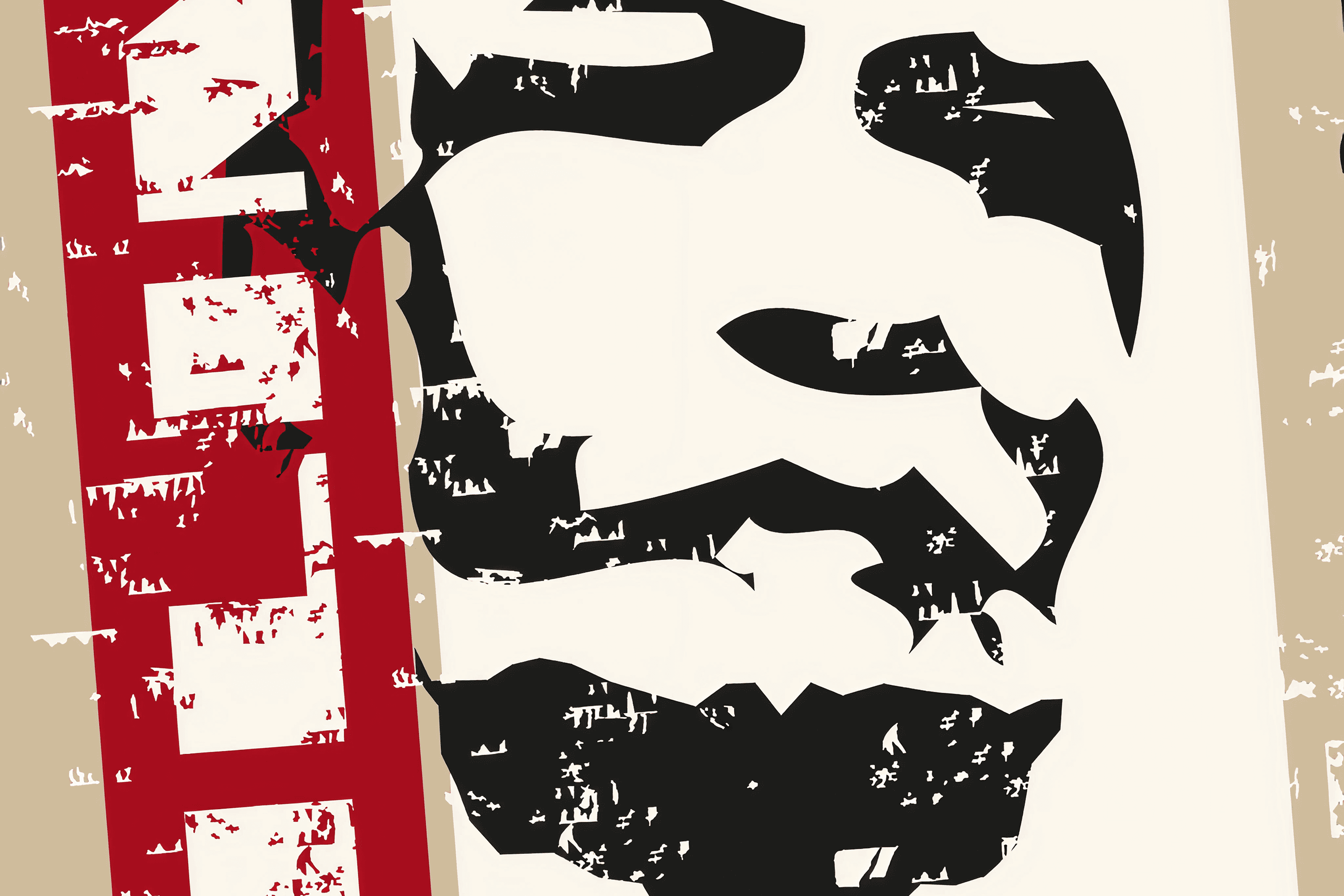 Abstract graphic with black, white, red, and beige shapes.