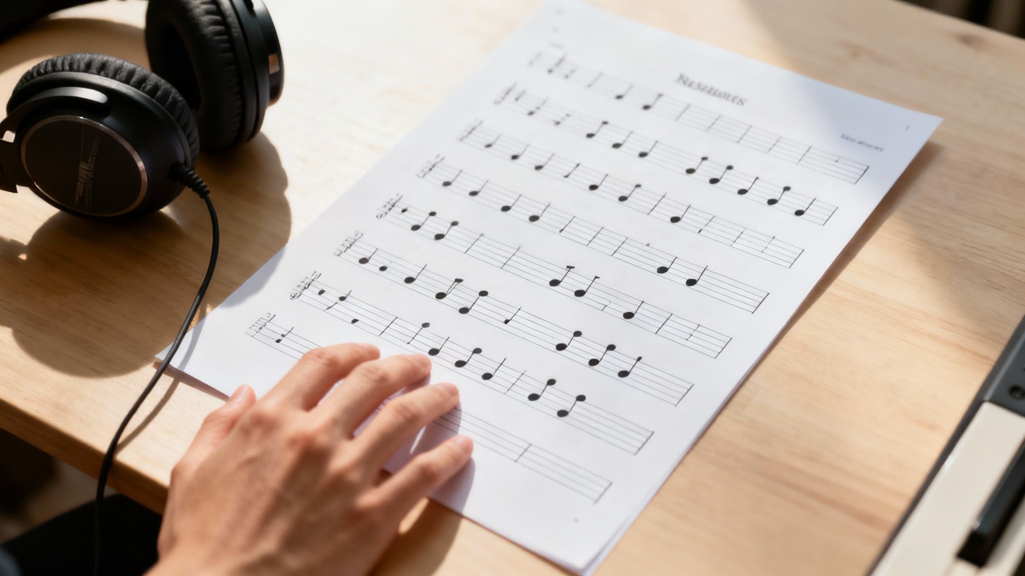 A sound engineer adjusting levels on a mixing board, with audio waveforms visible on a screen.