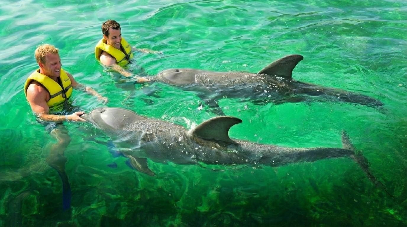Two men in yellow life jackets holding dolphins in clear green water