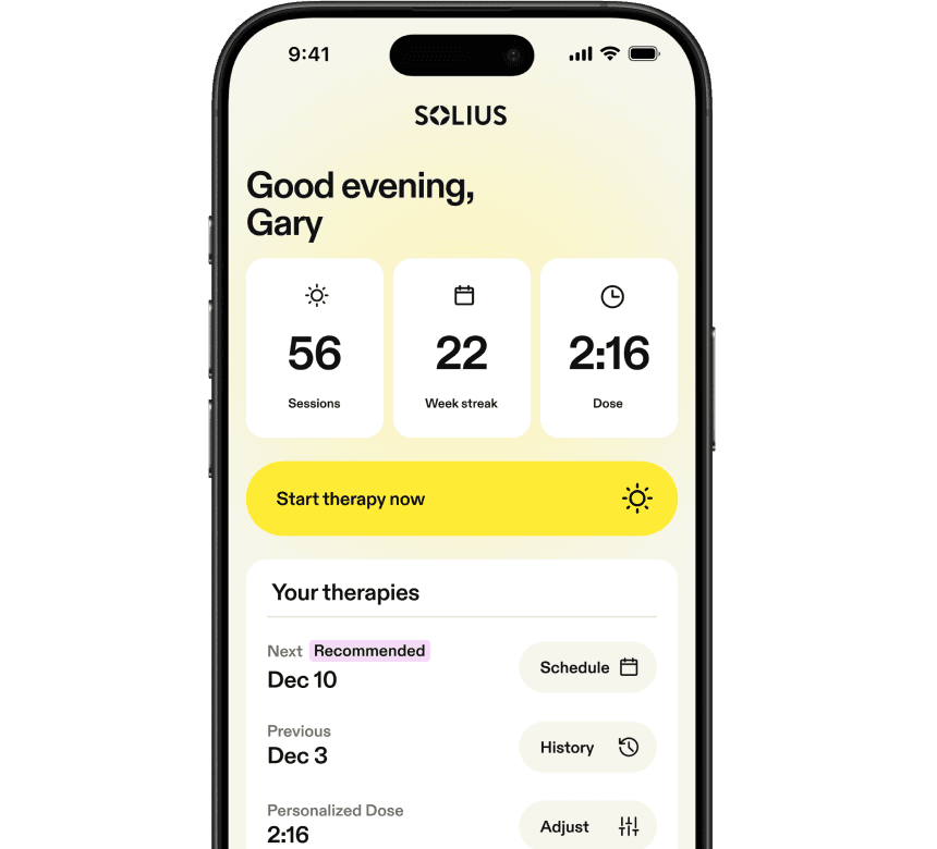 Mobile app home screen displaying a therapy dashboard with session count, current week, dose duration, and an option to resume therapy.