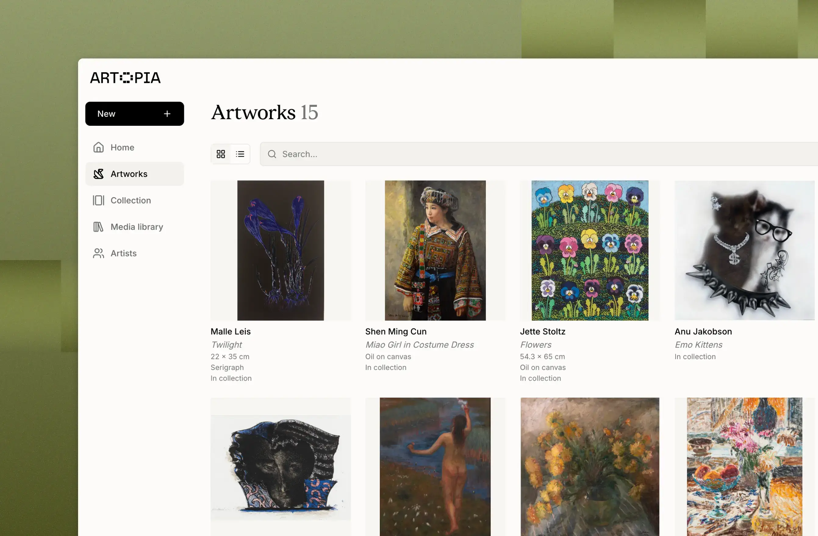 Artopia app artworks grid for managing artwork inventory