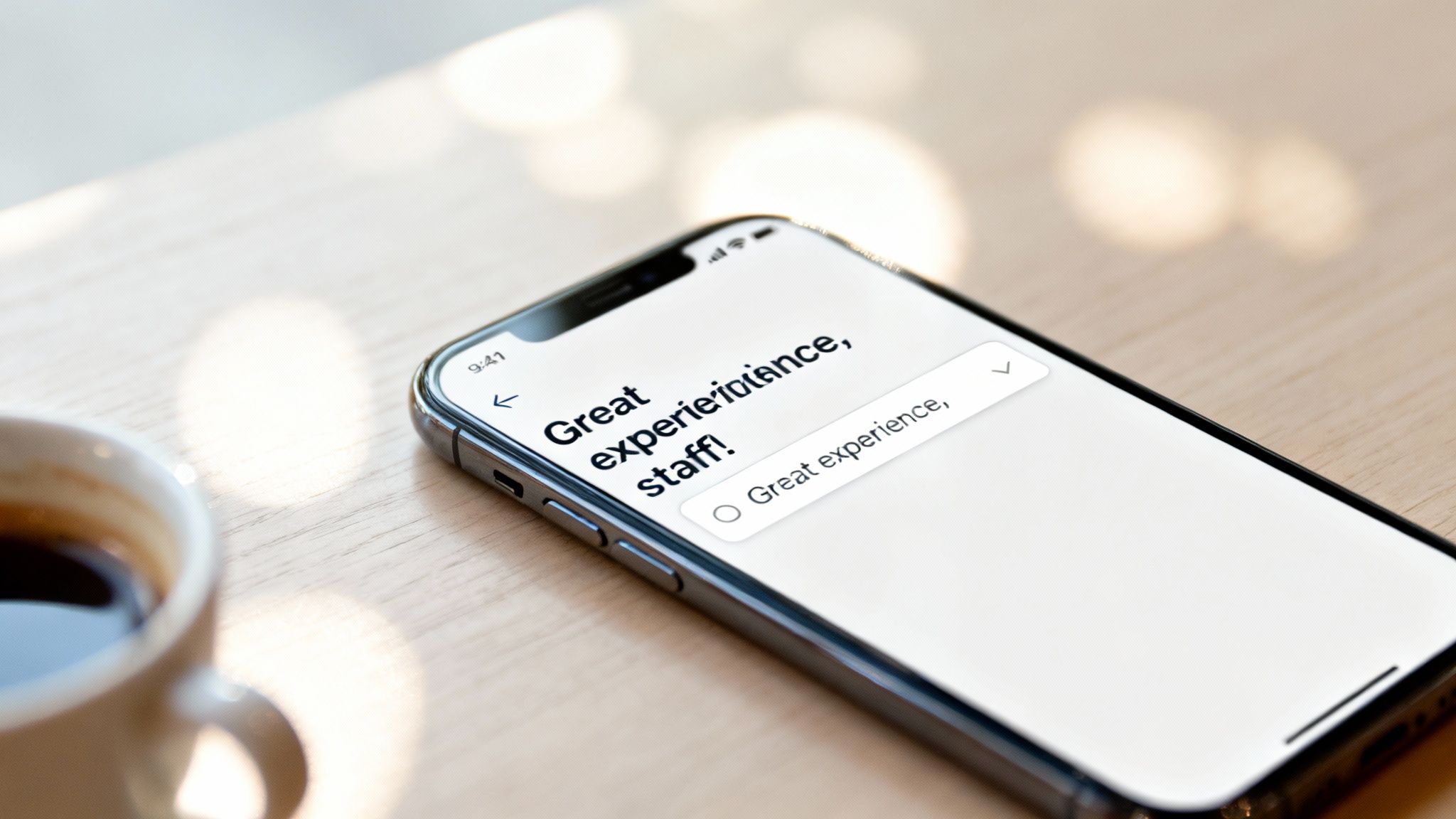 Close-up of a smartphone screen displaying a positive feedback survey with the text 'Great experience, staff!'.