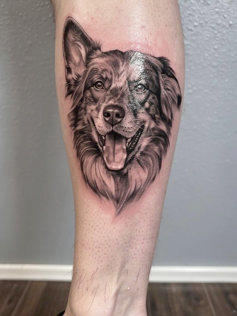 Realistic Hunde Portrait Tattoo in Black and Grey mit feinen Fellstrukturen und detailliertem Gesicht