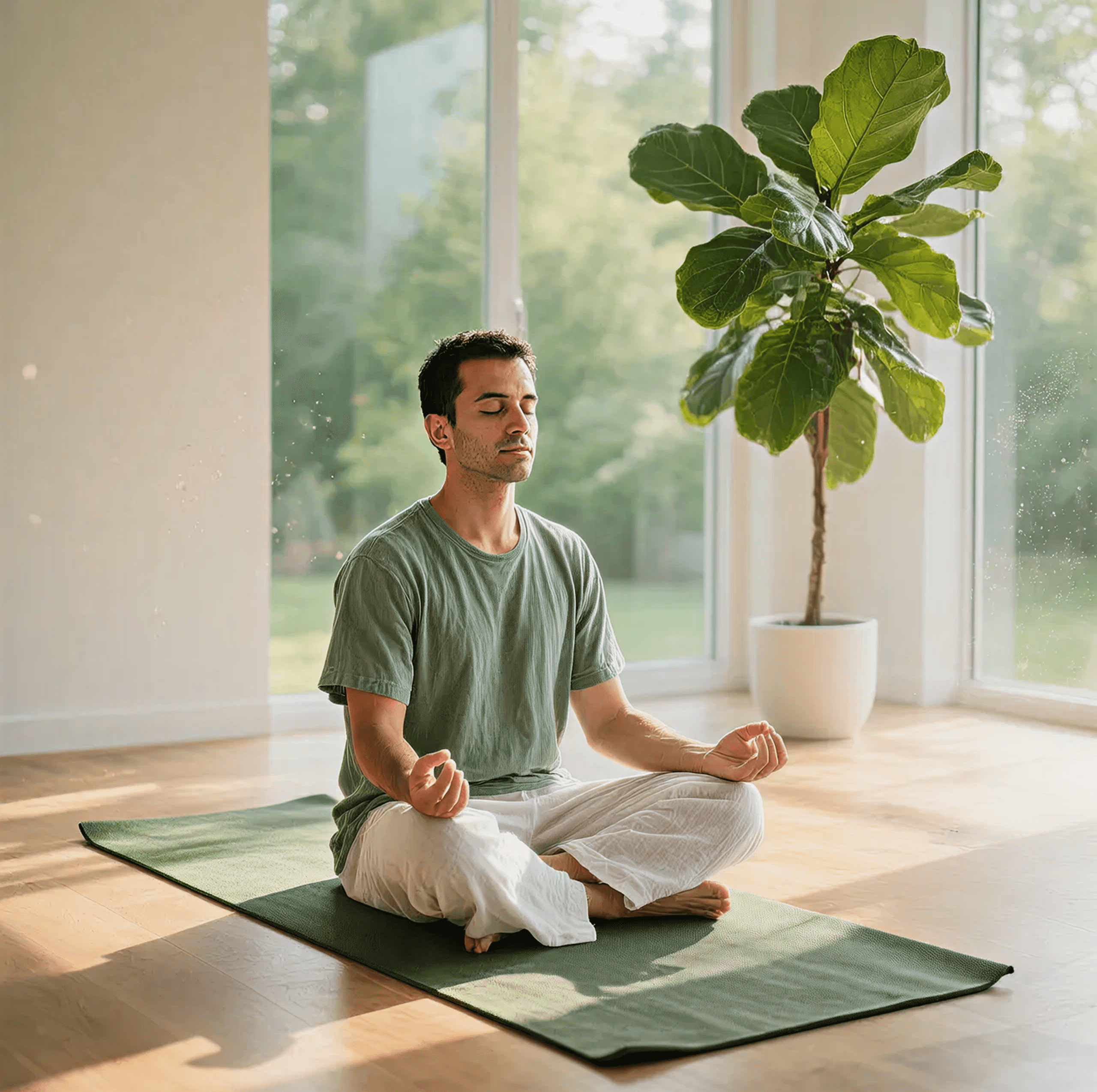 Man in casual clothing meditating on a green yoga mat in a sunlit room with a large plant.