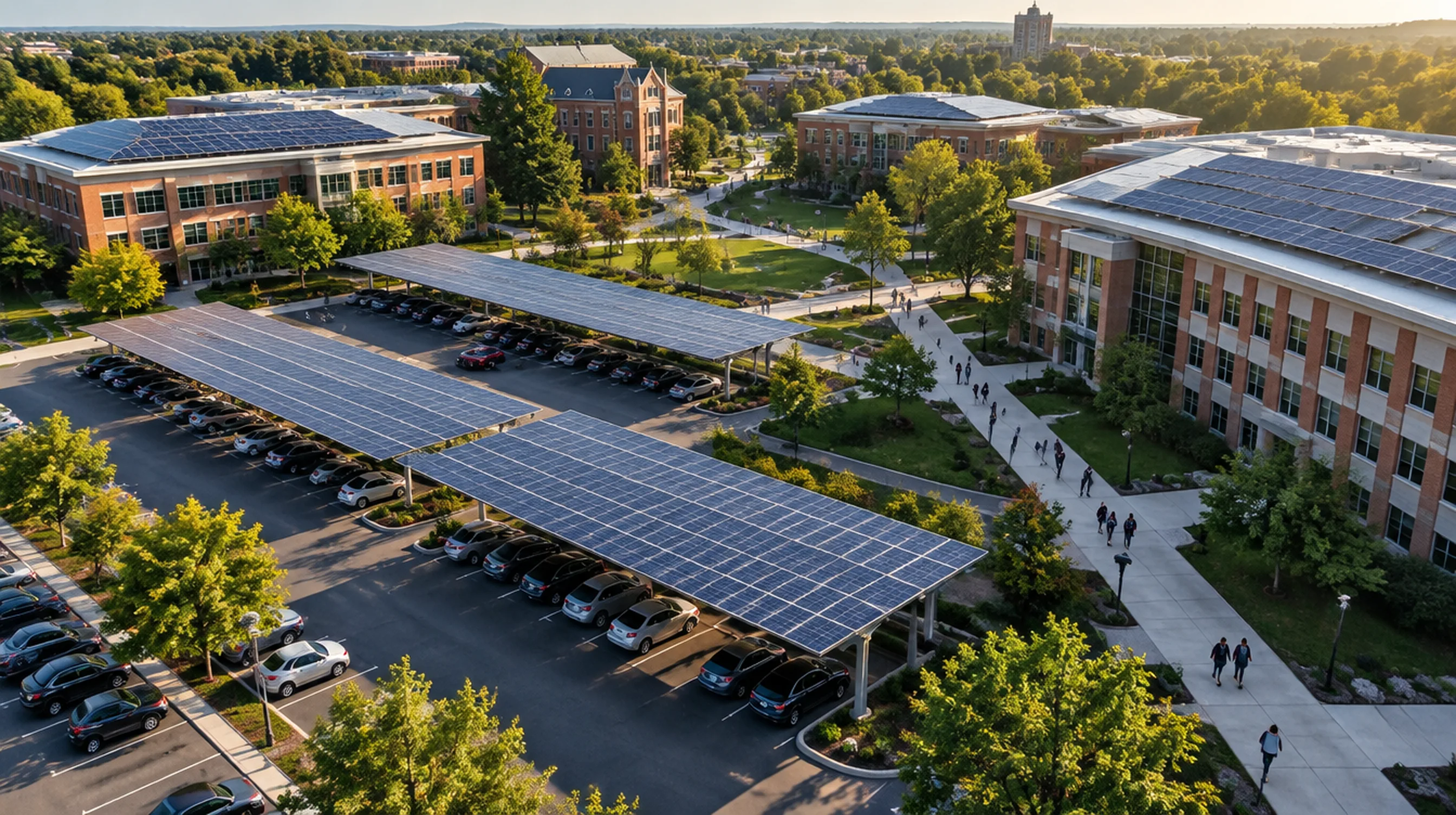 Aerial view of a university campus with solar carports over a parking lot and rooftop solar arrays on academic buildings
