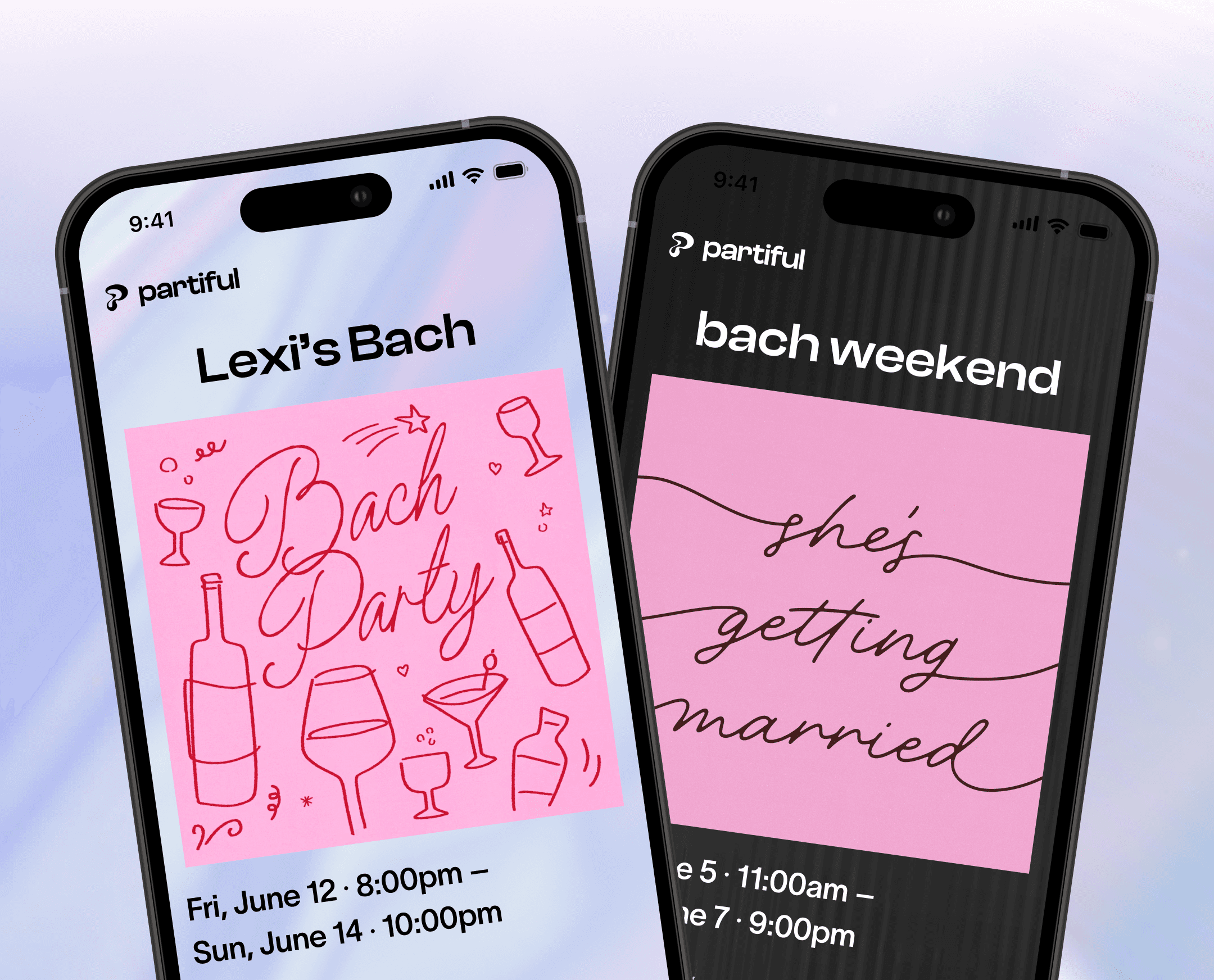 Two smartphones displaying colorful screens with text: one in pink, one in blue, featuring playful graphics.