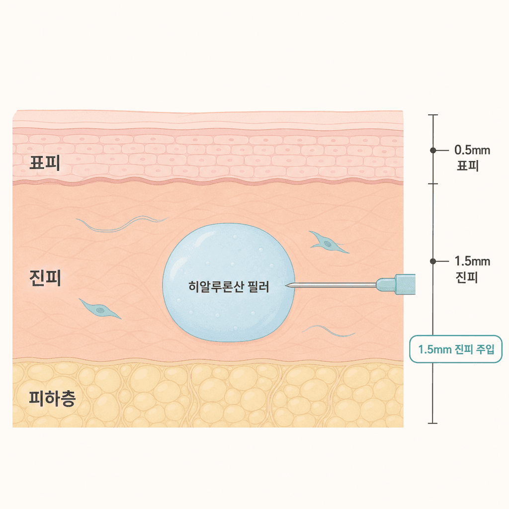진피층 1.5mm 깊이 — 히알루론산 필러 주입 위치