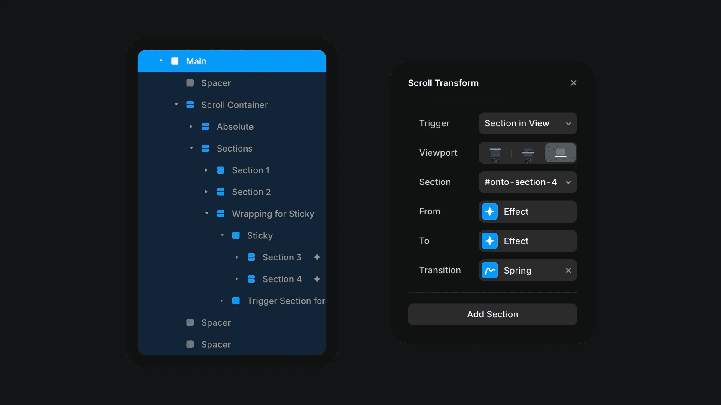 Framer scroll animation setup: layers and transform settings