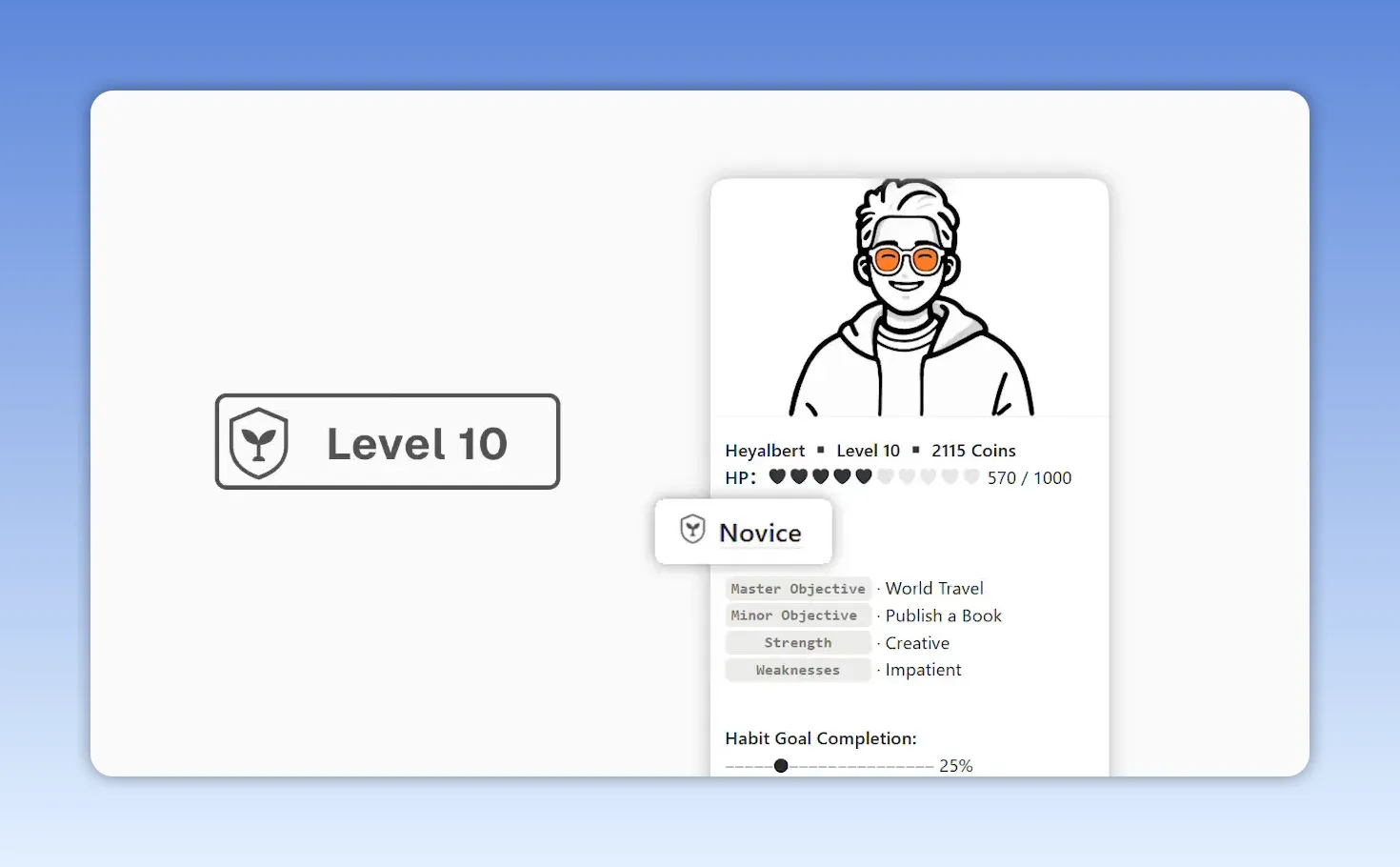 Character profile card with a Level 10 badge and Novice rank badge