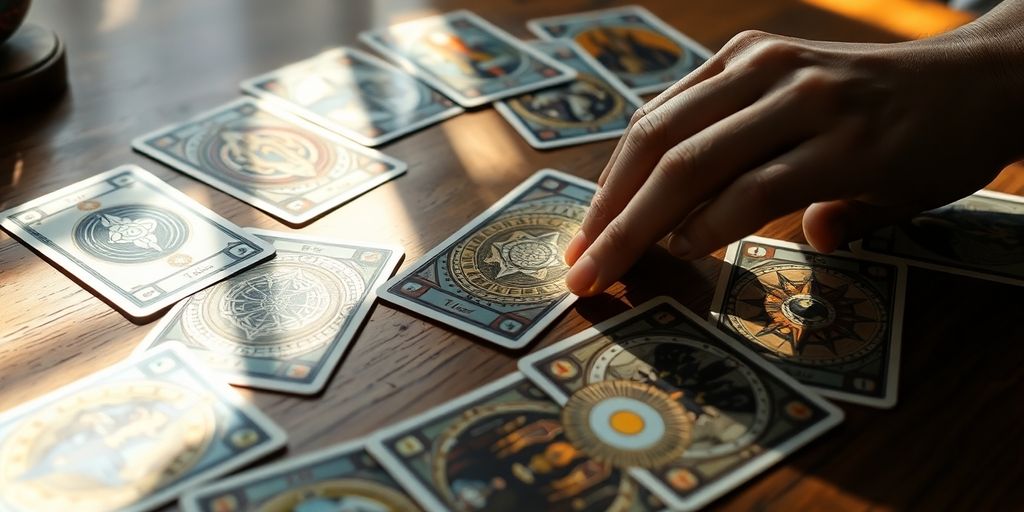 Tarot cards on a wooden table with soft lighting.