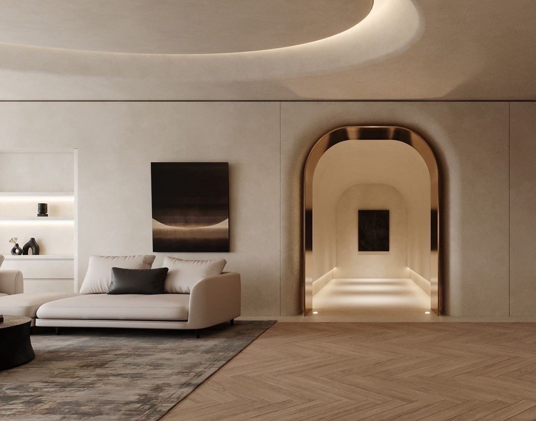 Organic architectural forms with warm wood tones and flowing ceiling structure