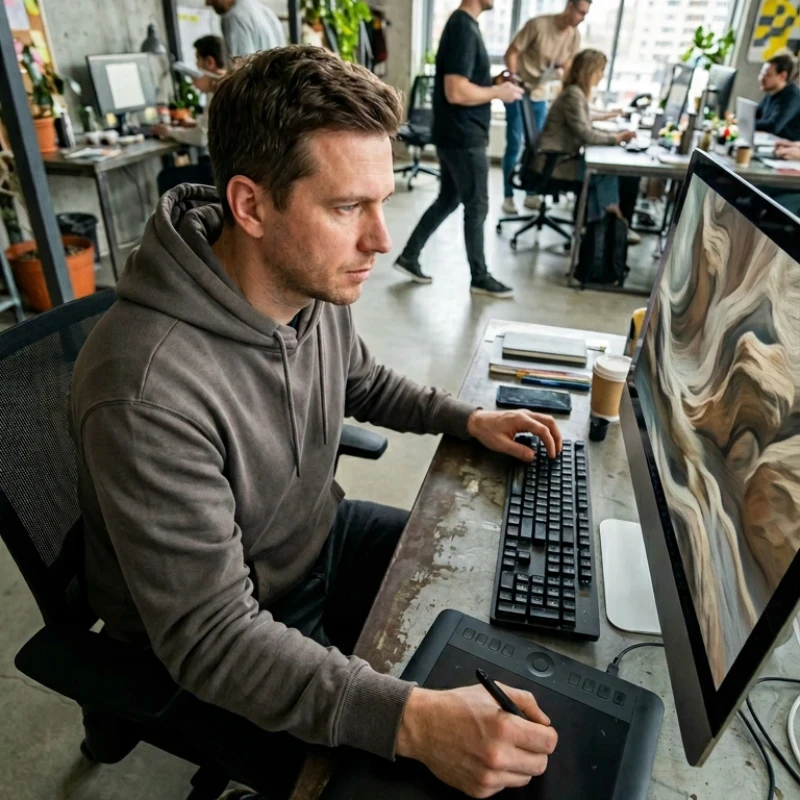 Équipe de managers et collaborateurs en agence à Paris, échangeant autour d'un plan d'action structuré et de documents de synthèse dans un espace de travail collaboratif, illustrant notre expertise en Stratégie de comm 360° pour aligner vision et discours.