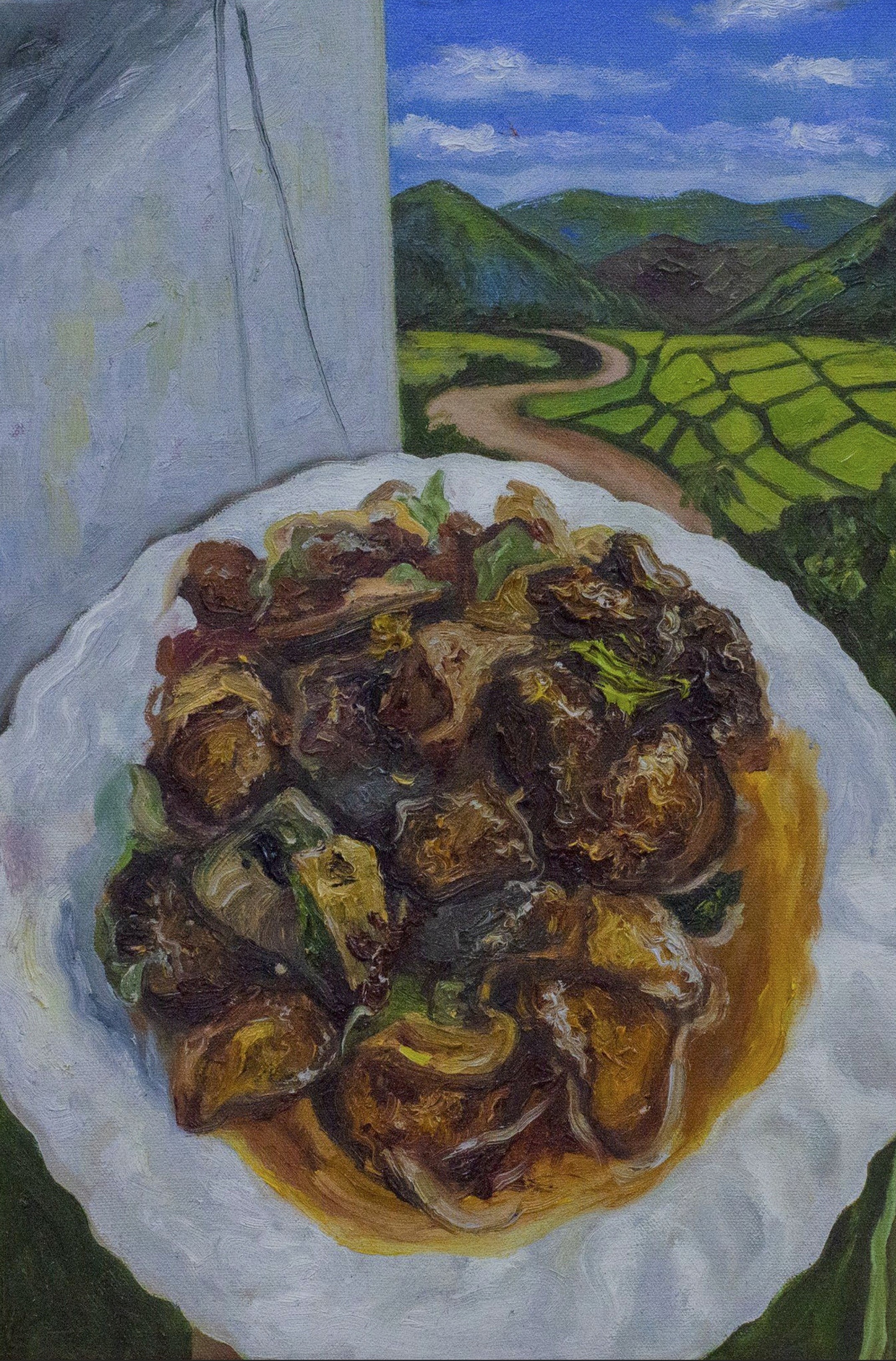 herd of sheep on road painting