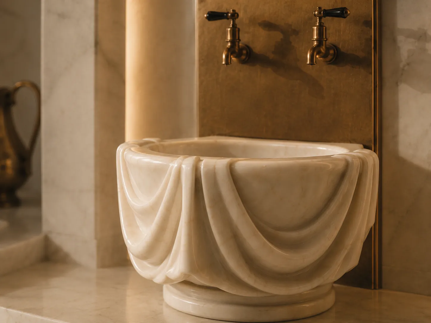 Close-up of a carved marble hammam kurna with flowing drapery details and aged bronze fixtures