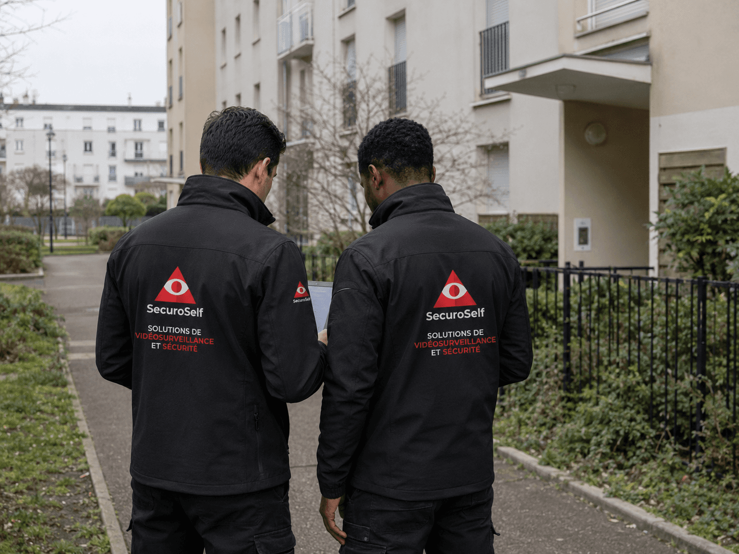 Techniciens SecuroSelf réalisant un diagnostic gratuit de système de sécurité