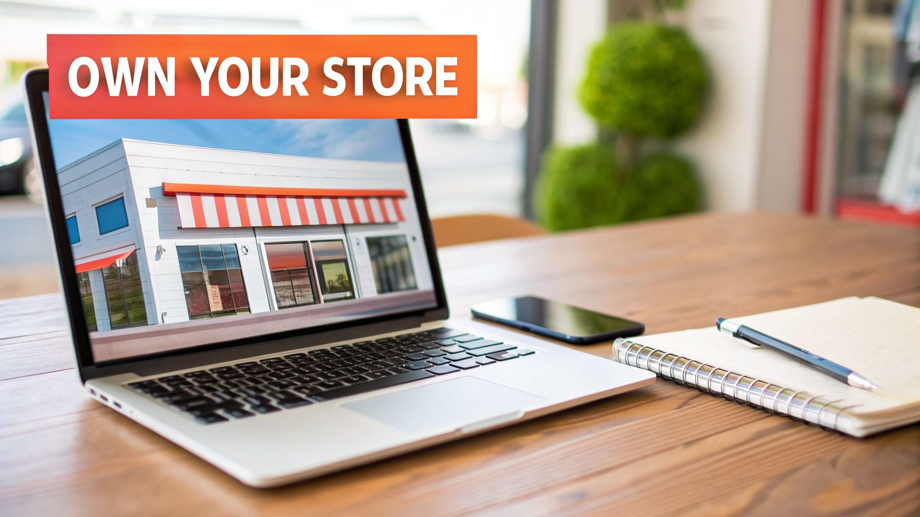 A laptop displaying 'OWN YOUR STORE' text and a modern storefront, with a smartphone and notebook on a wooden table.