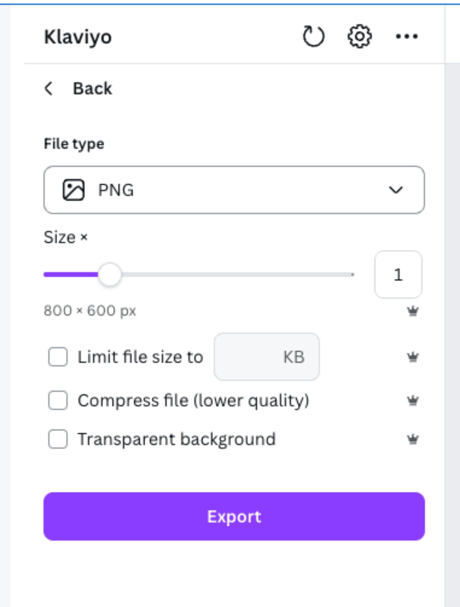 Select File Format.jpeg: Klaviyo export settings from Canva, with options for file type, size limit, and transparency settings.