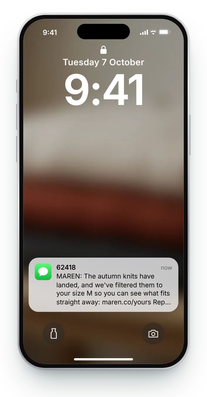 The size-filtered win-back text as a notification on an iPhone lock screen