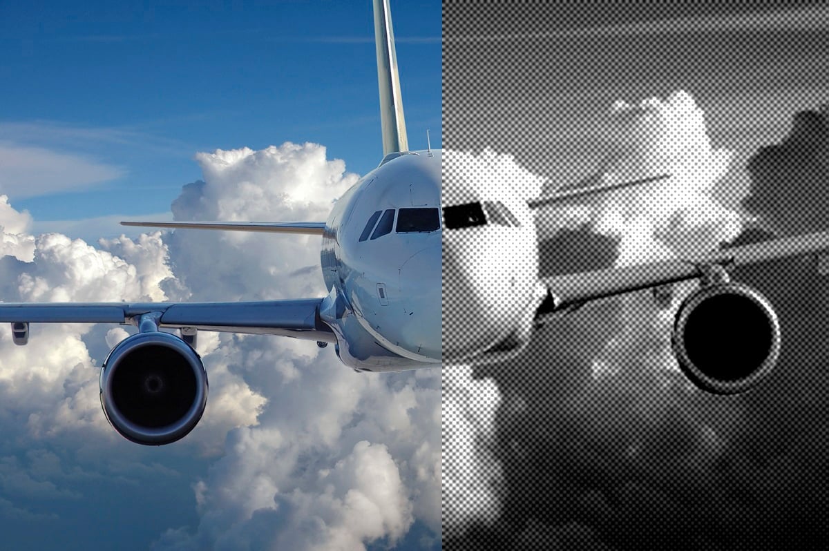 A digitally manipulated image of an airplane soaring above the clouds, possibly in a promotional style.