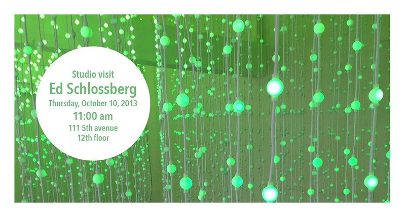 Ed Schlossberg event poster with green light dots on vertical lines