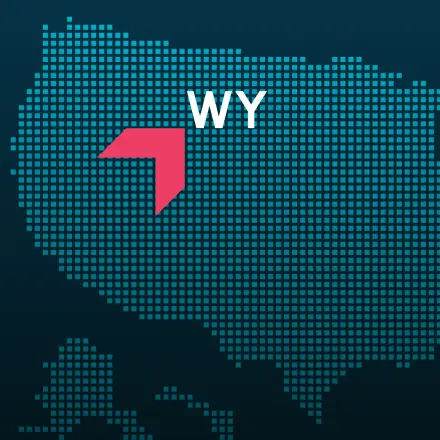 Map highlighting Wyoming with a red arrow, representing GIA Group, LLC truck insurance coverage area.