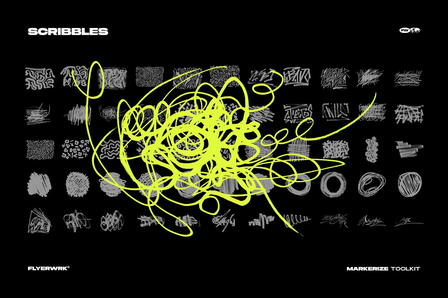 Markerize scribbles pack featuring over fifty hand drawn messy marker strokes with neon yellow highlight accents