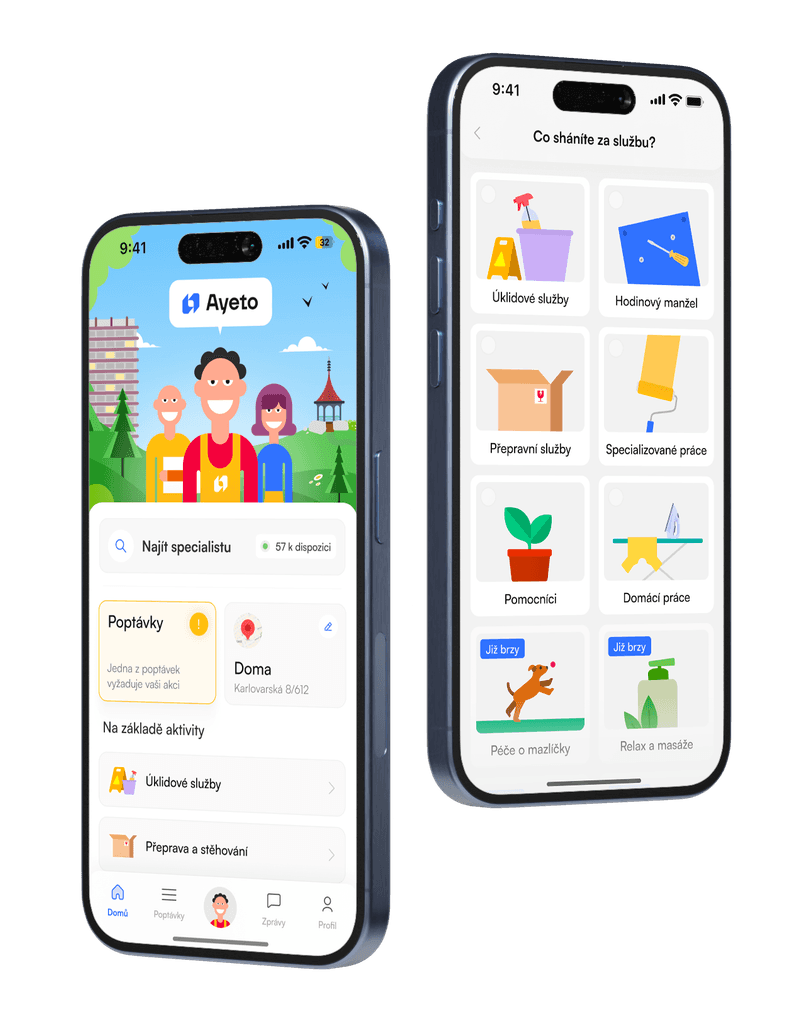 Screenshot domovské obrazovky aplikace Ayeto – kategorie služeb: hodinový manžel, stěhování, domácí pomocníci, zahradníci, specializované práce a úklid.