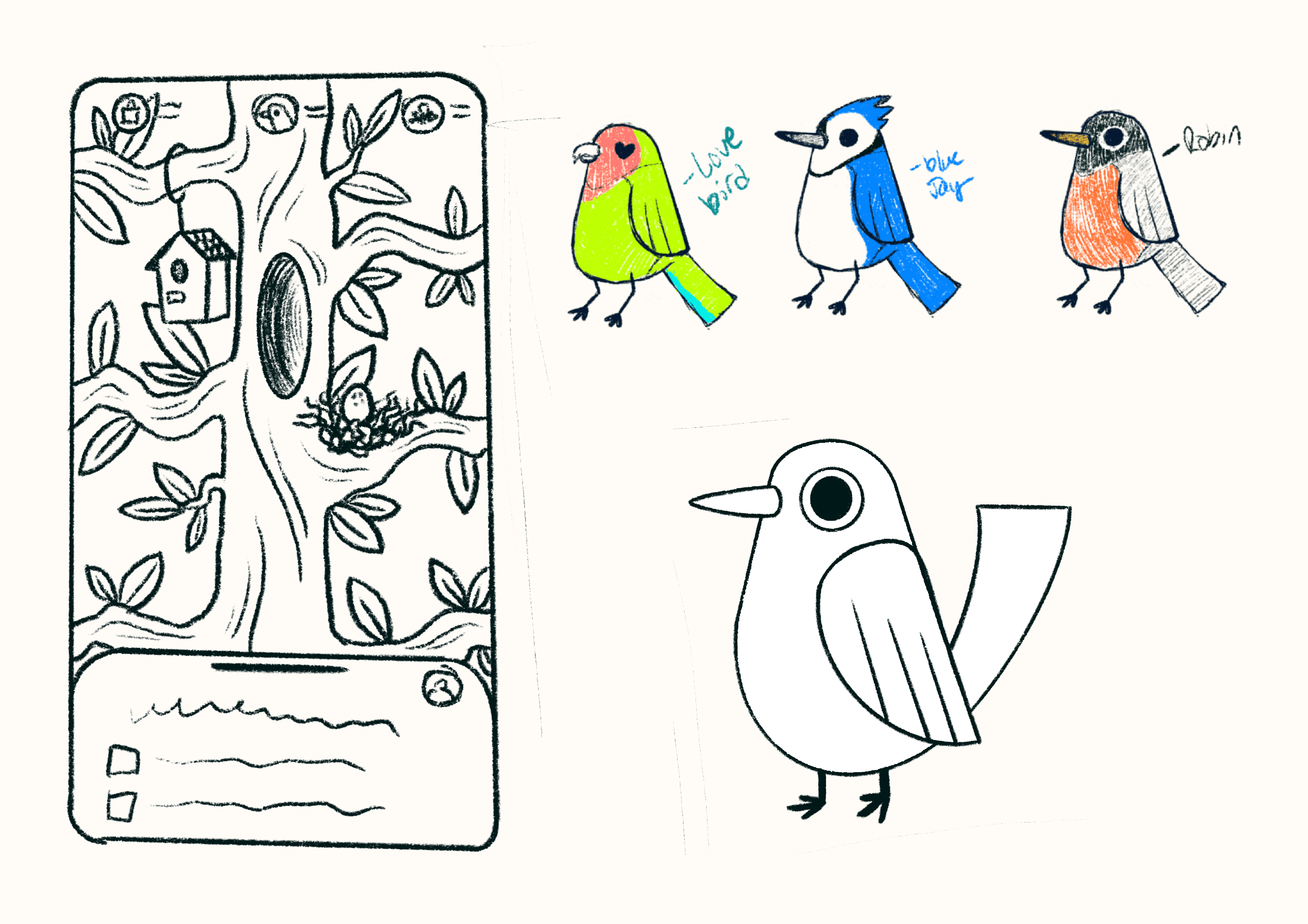 Initial sketch concepts of the TaskTree app, showing an endlessly growing tree, a nest with an egg, and a bird house. A few initial sketches of birds can be seen on the right.
