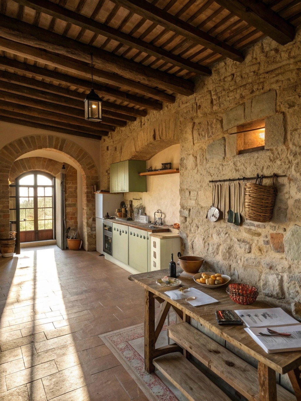 Stone kitchen with cabinets, exposed beam ceiling, terracotta floors.