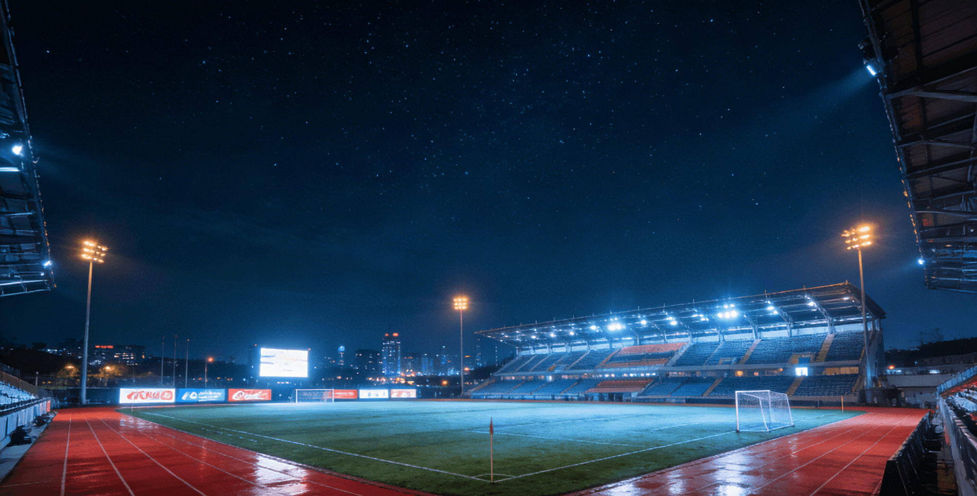 HM II Square Sport Light, night‑time sports stadium scene, easy installation and maintenance feature banner