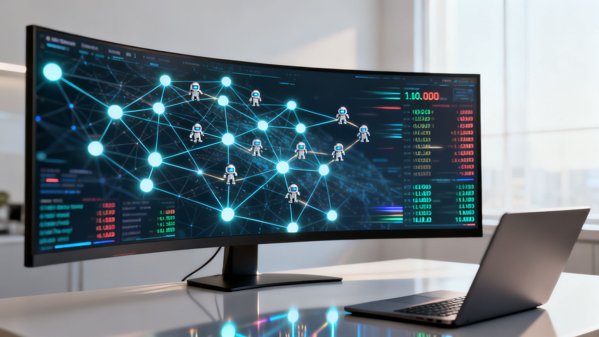 A curved monitor displays a blue network with AI robots and data, next to a silver laptop.