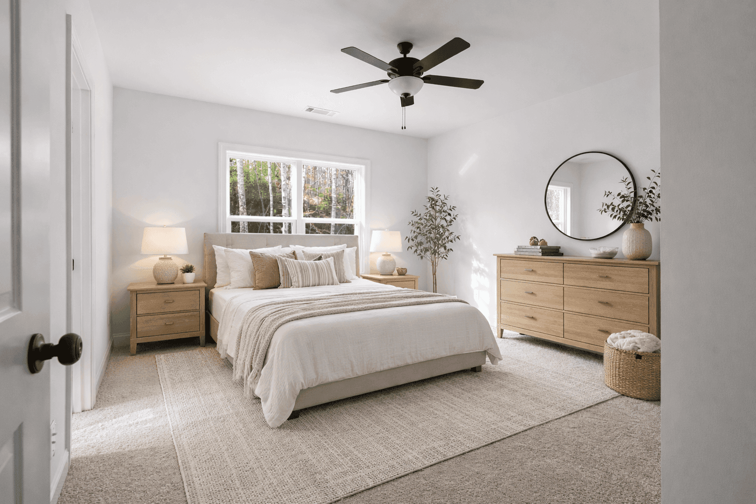 Open concept kitchen and living room with vaulted ceilings and hardwood floors