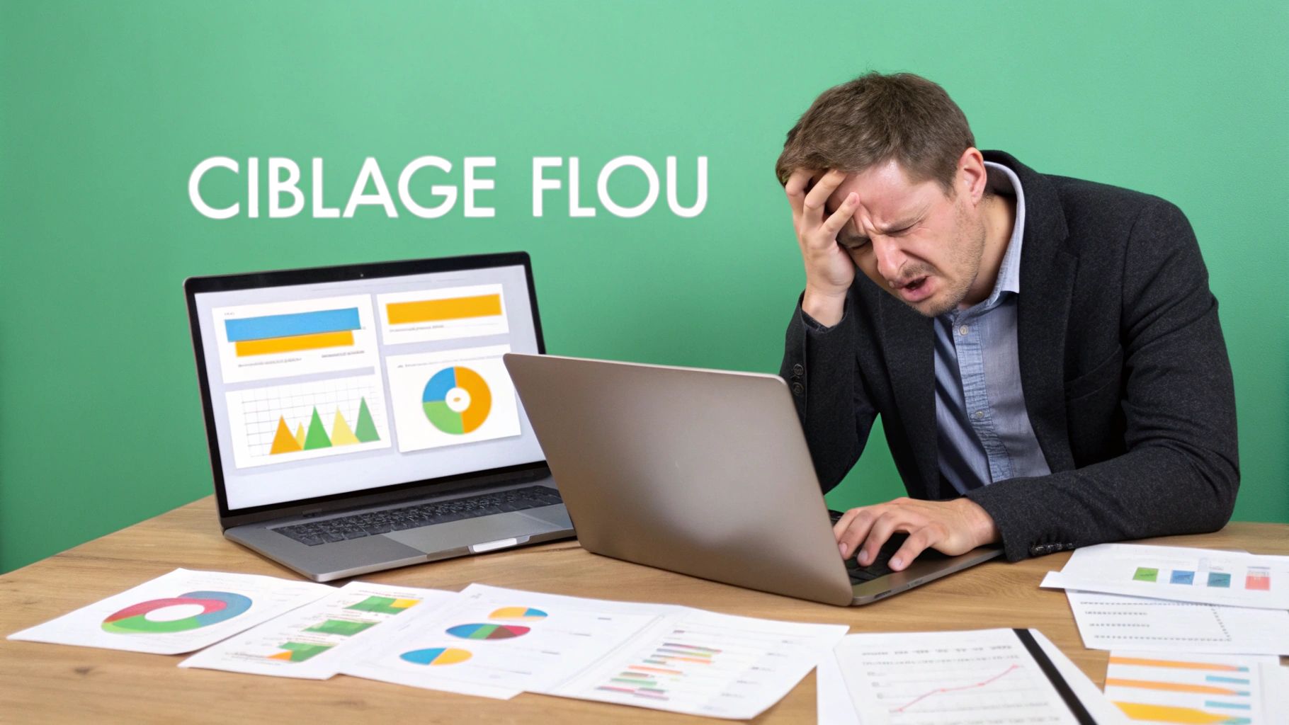 Un homme stressé travaille sur un ordinateur portable, entouré de graphiques et de documents. Le texte 