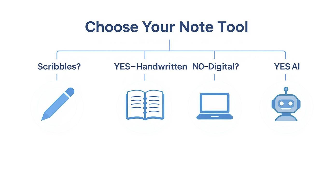 Decision tree diagram showing four note-taking tool options with icons for different methods