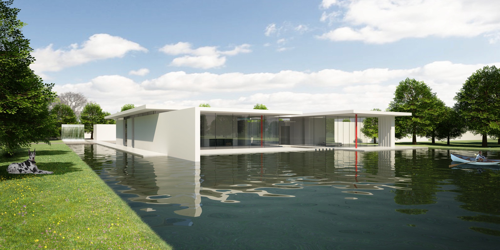Lake House by IMaestri Group: Exterior view of the minimalist modern house featuring clean, horizontal lines reflected in the expansive water pool.