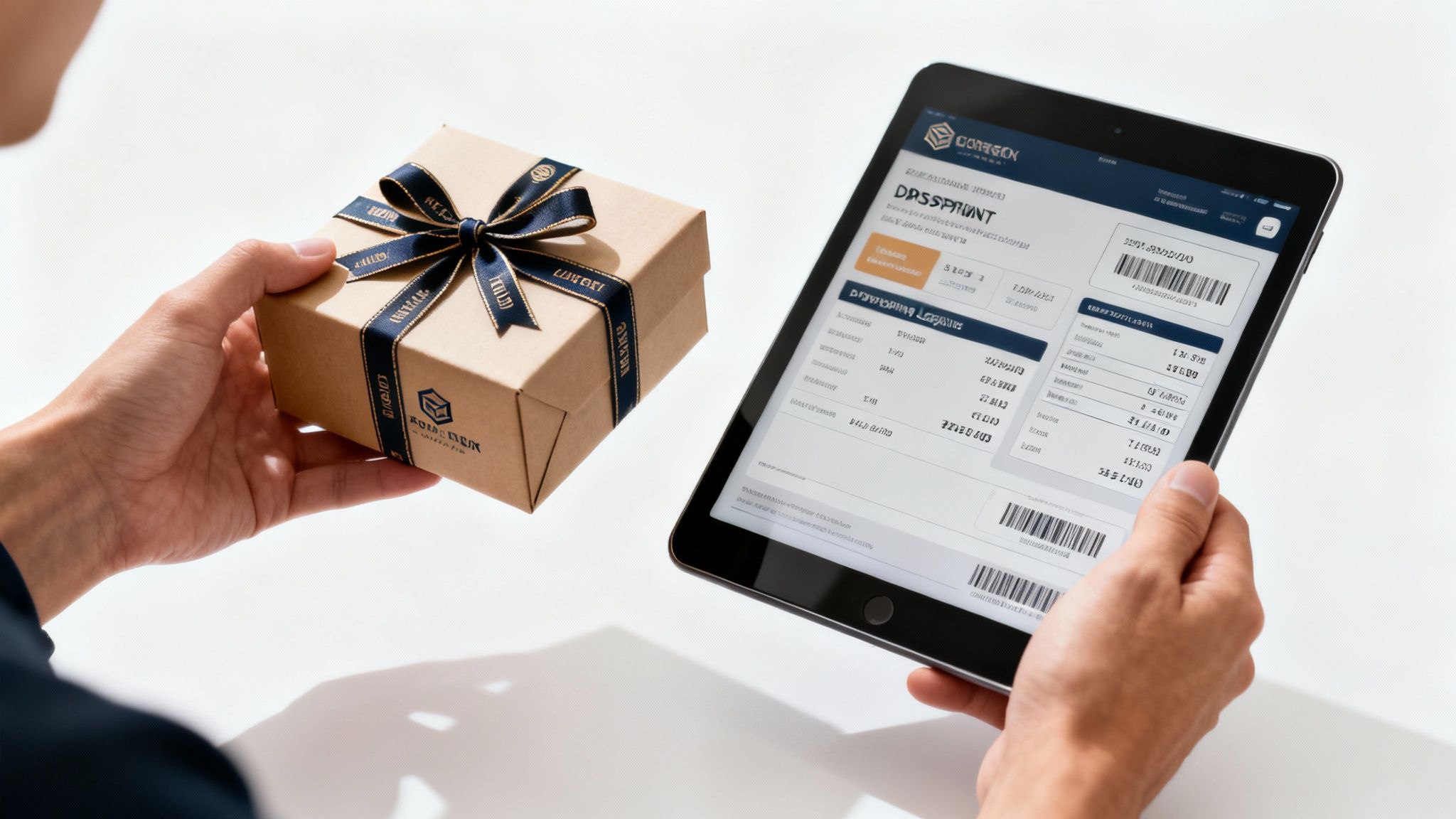 A sleek split-screen image showing a brand manager working with an influencer agency on one side, and a creator unboxing a beautifully packaged gift on the other.