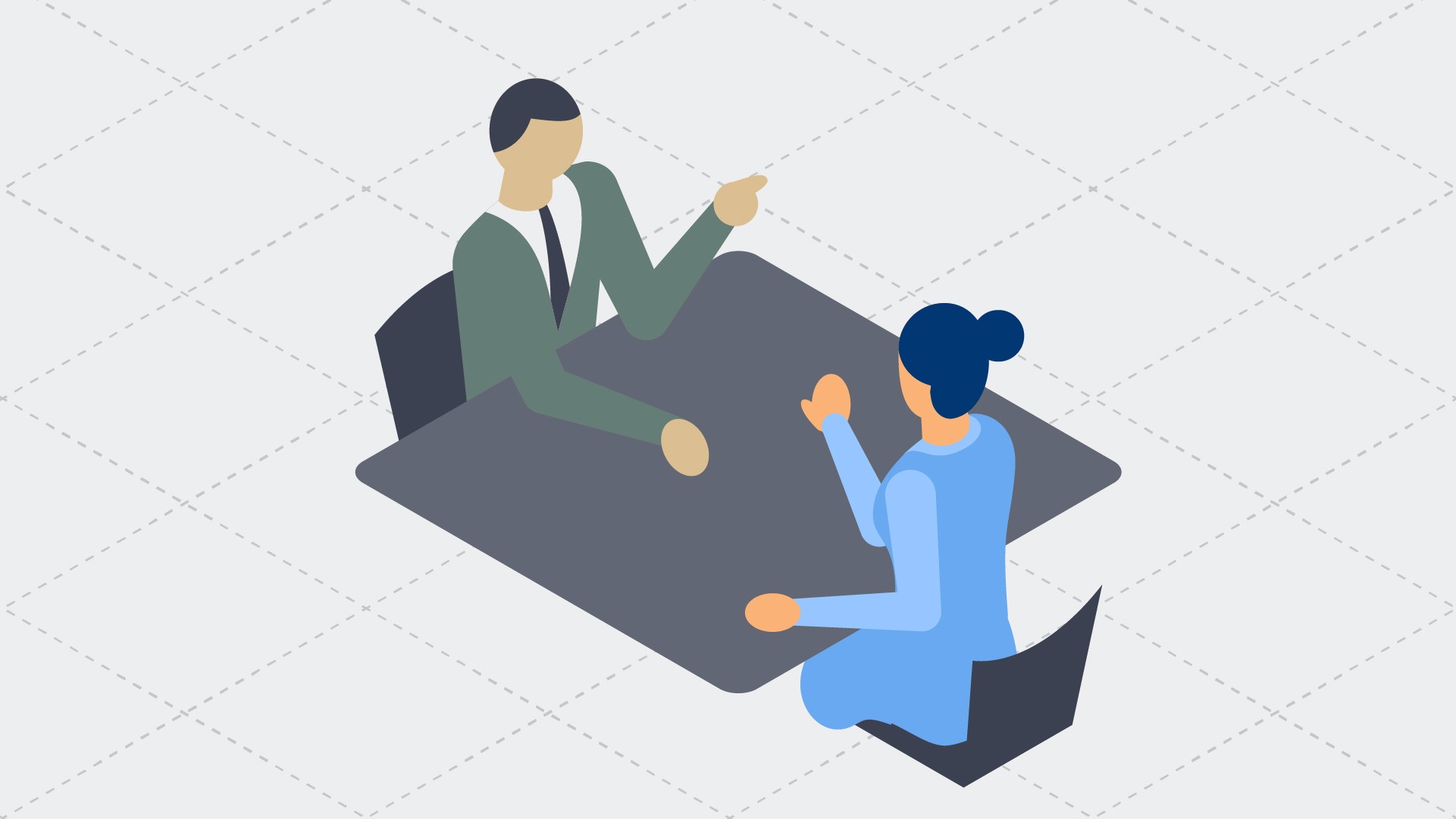 Simple isometric illustration of a man and a woman arguing at a table.