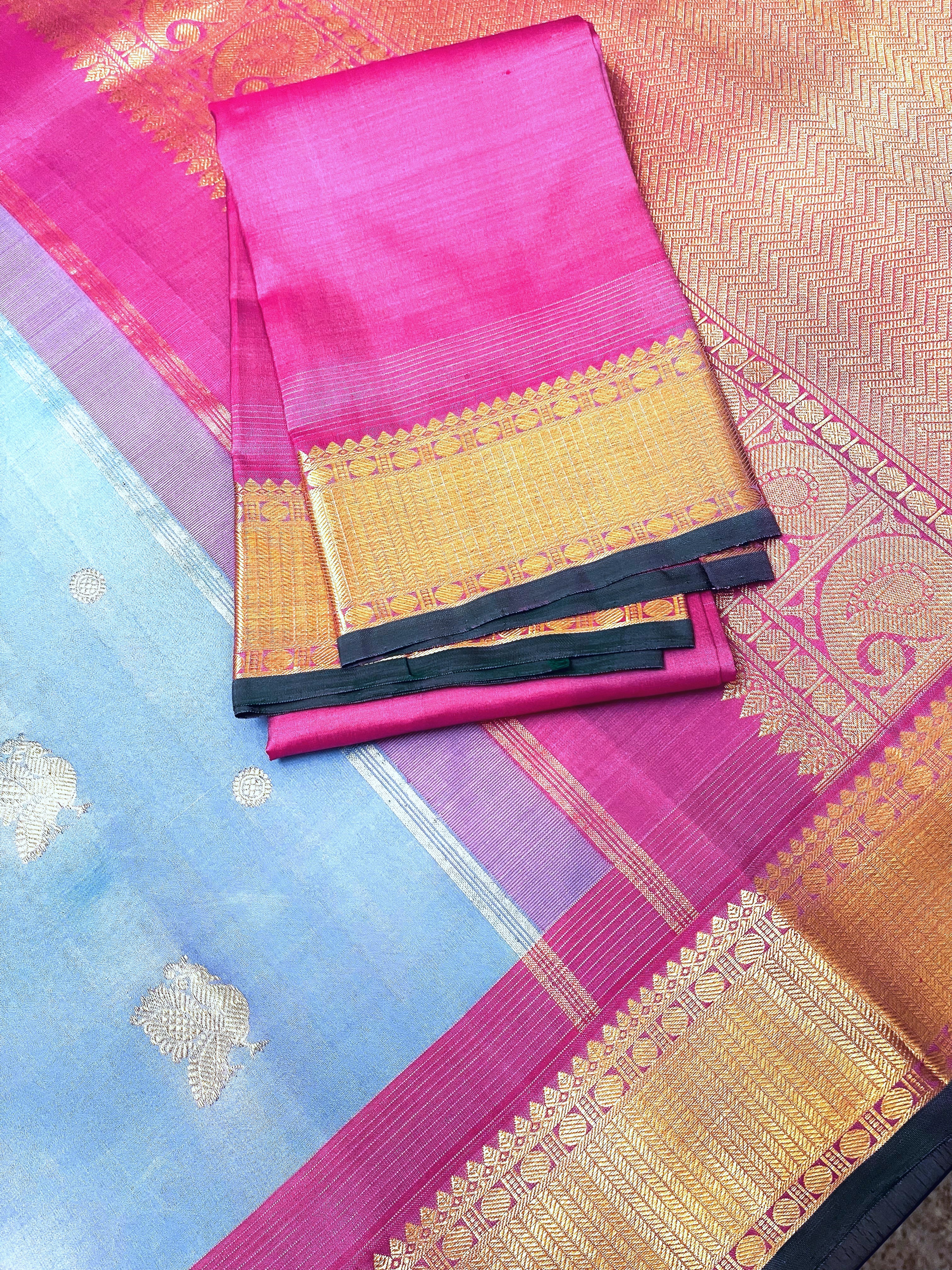 Cerulean Blue and Fuchsia Pink Kanchivaram Silk Saree