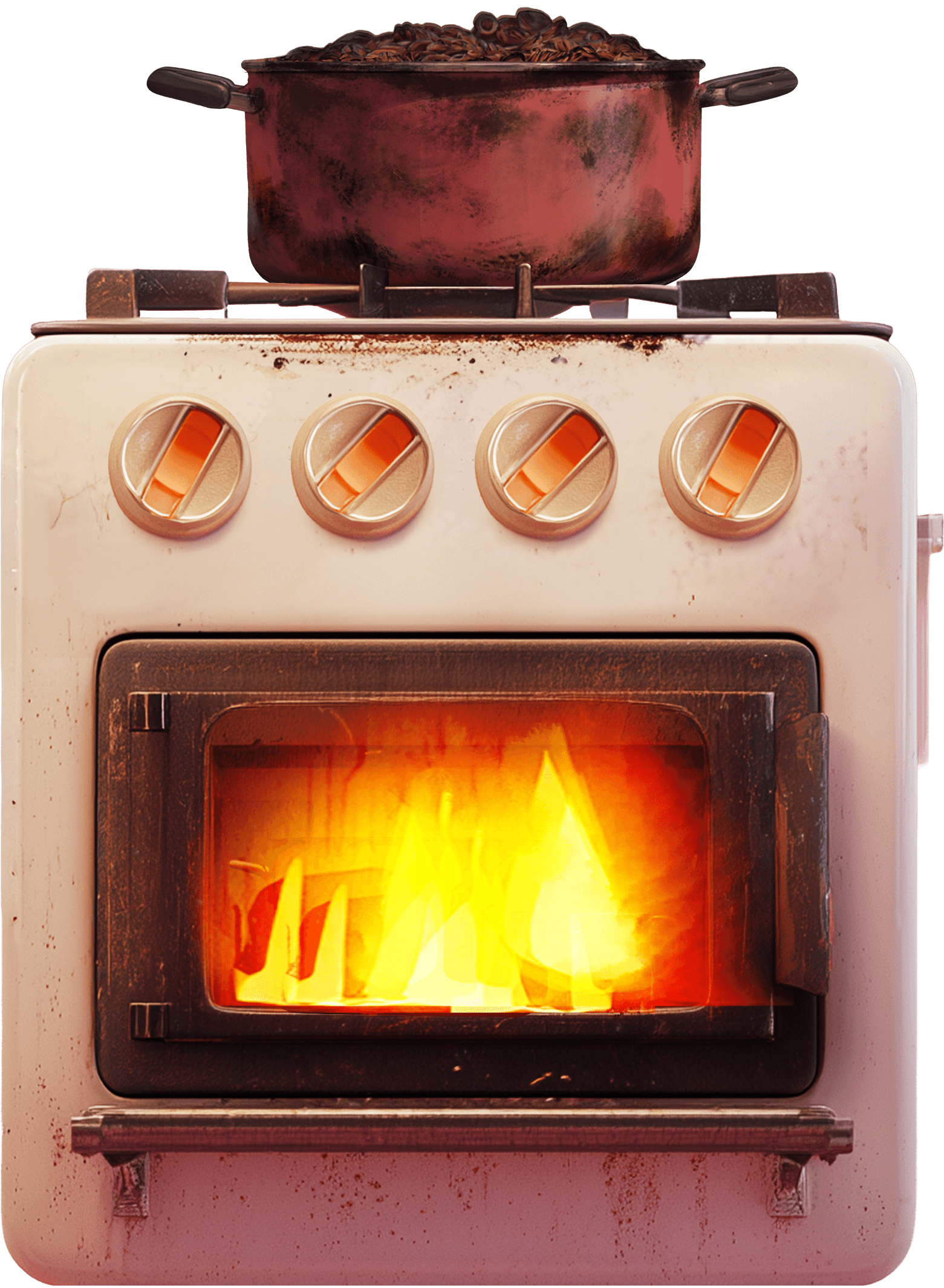 an illustration of a stove with a burned pasta pot on top and some cups on fire inside