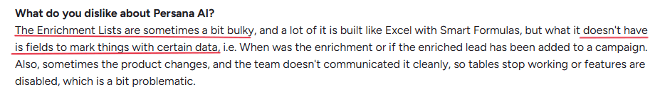 Persana AI user feedback about its heavy enrichment data