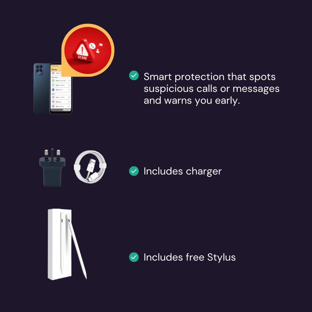 Black phone case with yellow label, charger, cable, sim card tool, and stylus on a white background