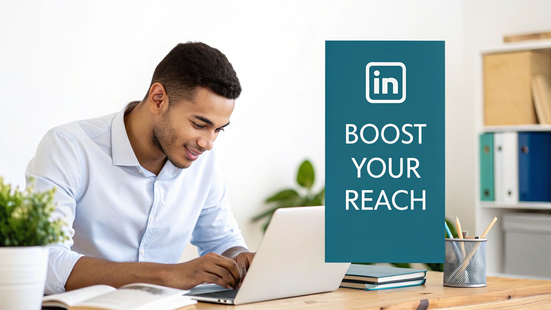 A smiling man working on a laptop with a LinkedIn sign saying 'Boost Your Reach' nearby.