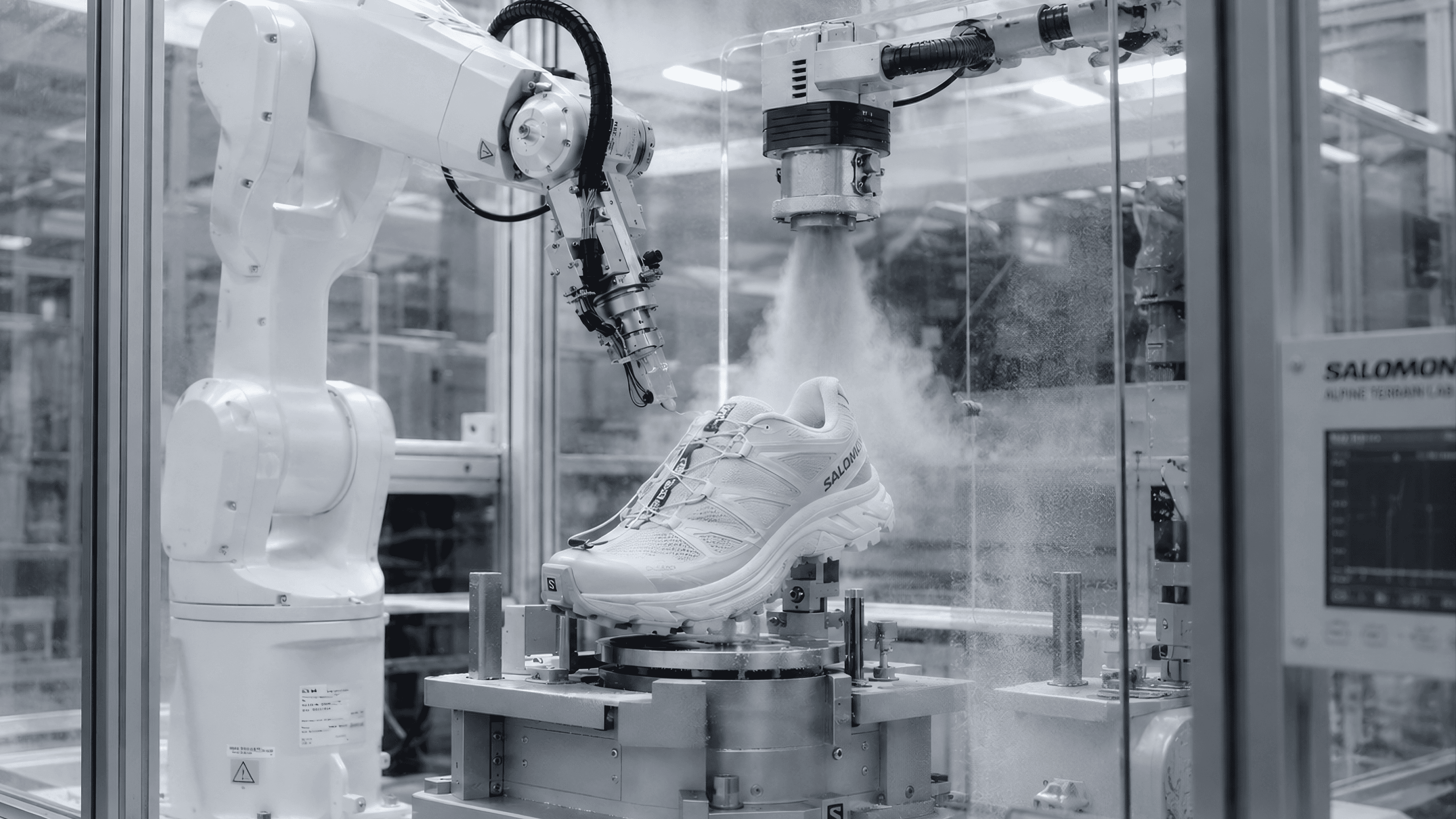 Robotic spray arm finishing a white Salomon shoe inside the Alpine Terrain Lab test chamber