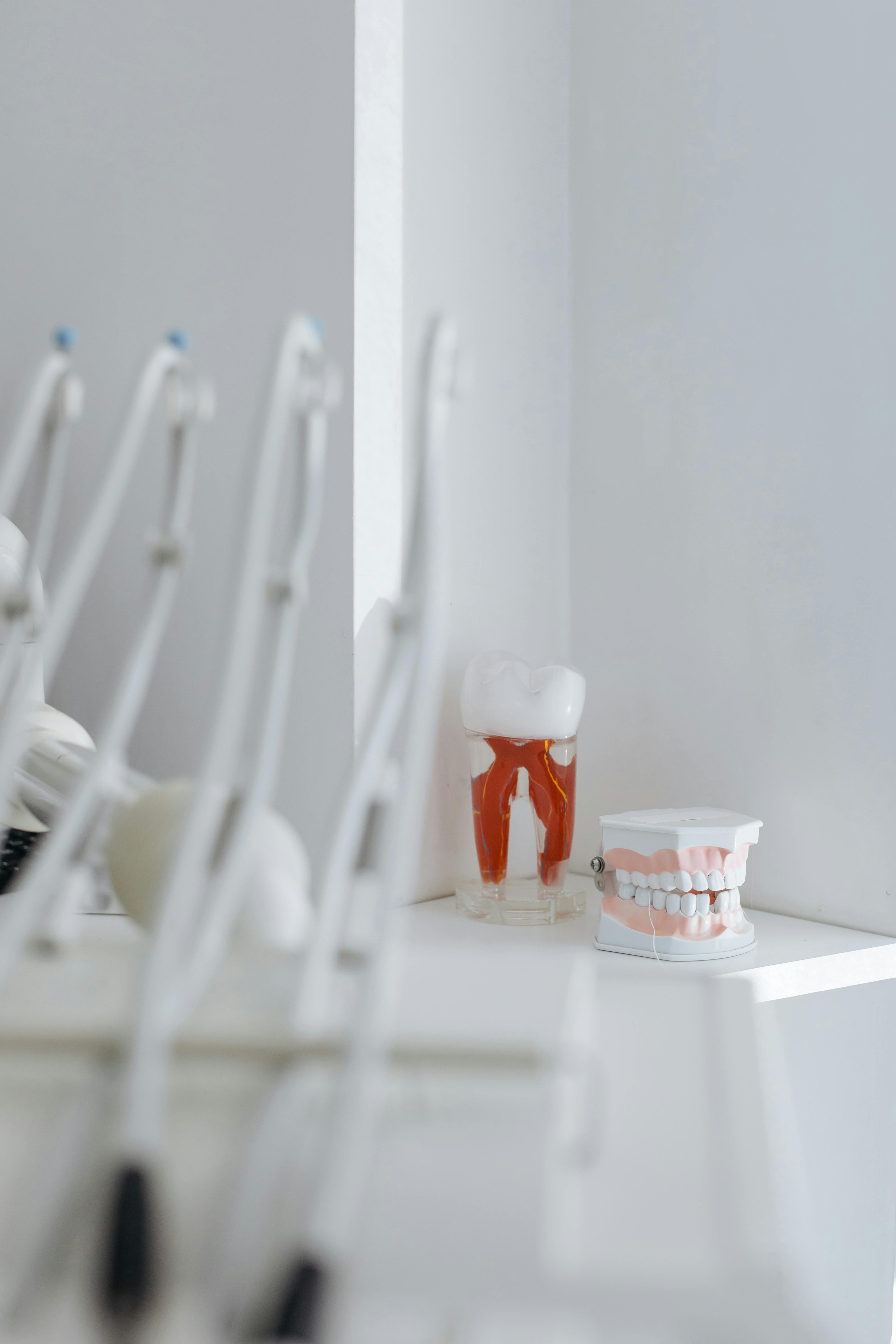 Tooth models in the background with dental equipment in the foreground