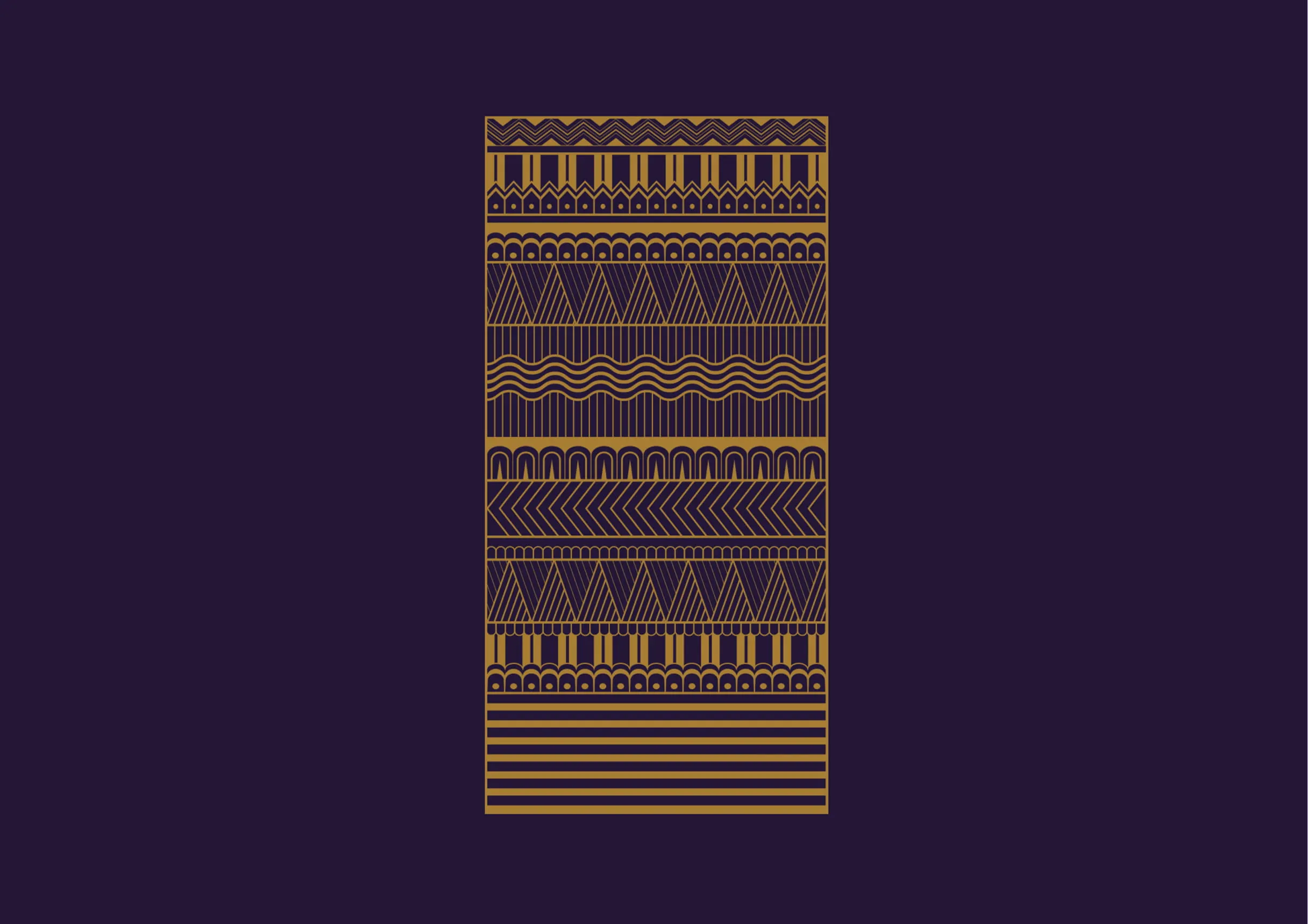 Tall, narrow gold geometric textile pattern with zigzags, waves, diamonds, and horizontal stripes, centered on a deep purple background.