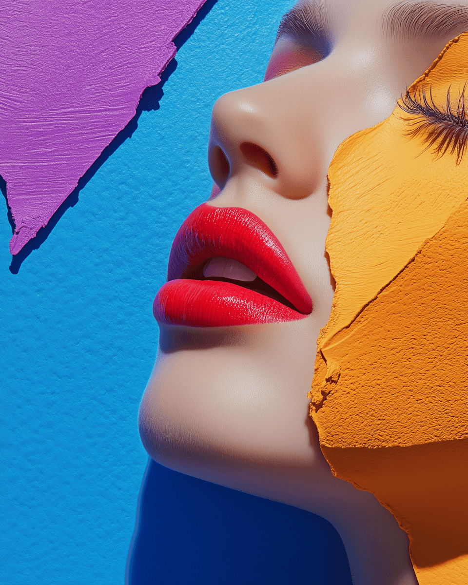 A close-up of a woman's face with bold red lips, surrounded by colorful abstract shapes in purple and orange.